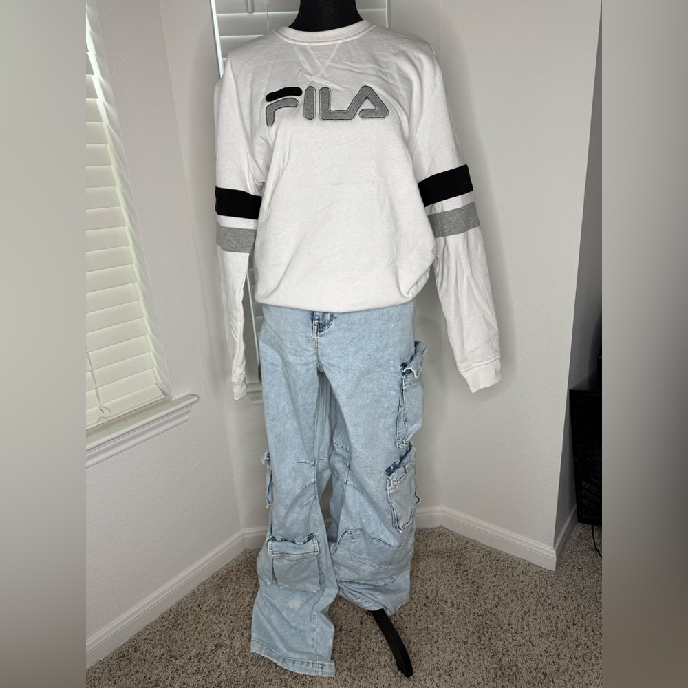 Fila White Sweatshirt with Light Blue Jeans